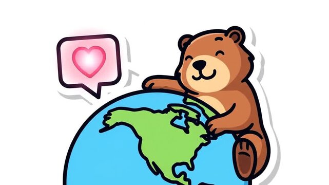 Cartoon beaver with globe and heart symbol illustration on white background