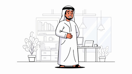 A smiling man in traditional attire stands in a modern office with plants and bookshelves © jprime