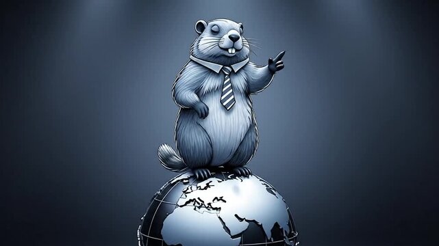 Cartoon groundhog pointing standing atop metallic globe on dark background