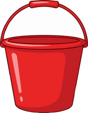 A simple red bucket with a curved handle, used for carrying