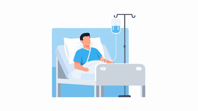 A person lies in a hospital bed, receiving an IV drip