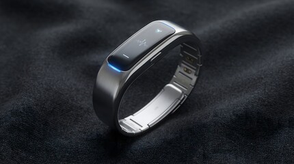 Close up shot of a sleek silver wearable smart device with a digital heart rate display on black cloth