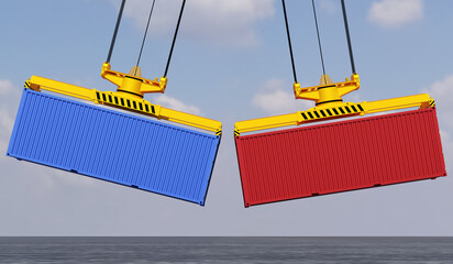 Conceptual image of container trade confrontation scene rendered in 3D