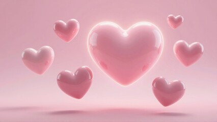 Glossy pink hearts floating on soft pink background