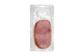 Sliced smoked beef meat in vacuum package isolated on white background. Raw smoked packaged meet isolated