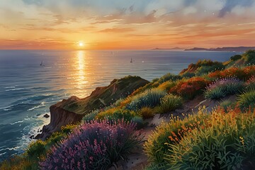 Sunset view from a cliff garden overlooking the ocean