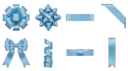 Light blue satin ribbon set including decorative pompom bows, classic tied bow, curled spirals, and straight borders isolated. Gift wrapping and celebration decoration collection.