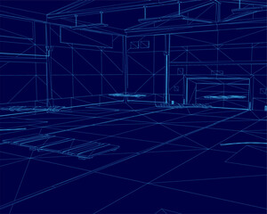 A wireframe blueprint of a warehouse interior, featuring detailed layouts for walls, floors, and numerous storage containers.
