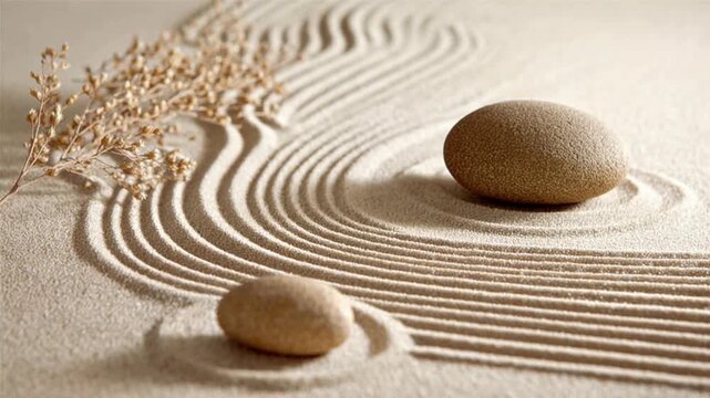 Calm zen sand garden with gentle raked lines smooth stones and delicate dried plant creating serene minimal scene for meditation balance and peaceful mindfulness concept