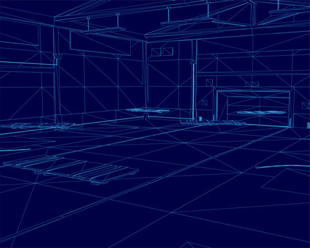 A wireframe blueprint of a warehouse interior, featuring detailed layouts for walls, floors, and numerous storage containers.