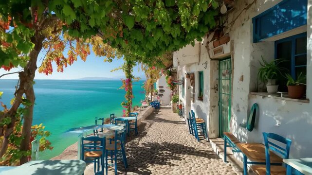 Charming seaside taverna alleyway with blue tables and white walls under a vine canopy, greece, 4k video