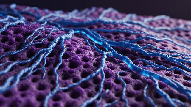 Porous purple surface with branching blue veins resembling a microscopic or medical rendering