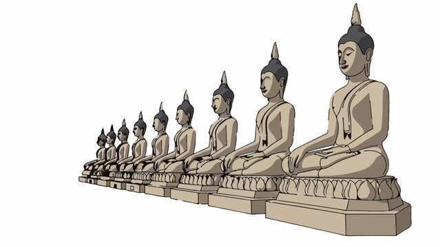 A row of stylized seated Buddha statues in increasing size