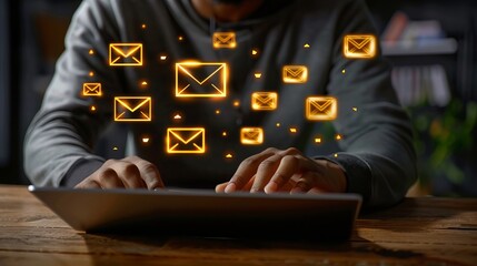 Hands typing on laptop surrounded by floating email icons symbolizing digital communication