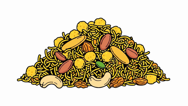 A pile of mixed savory snacks with nuts, fried noodles, and crispy bits