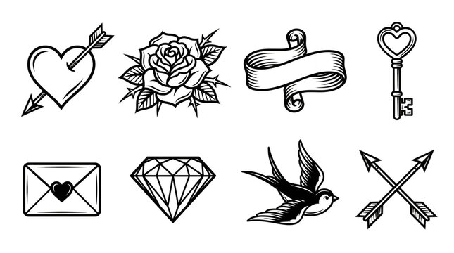American traditional tattoo set including heart with arrow, rose, ribbon, key, envelope, diamond, swallow, and crossed arrows isolated. Black and white flash art collection.