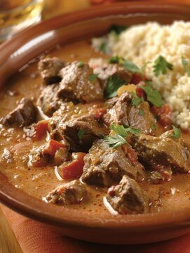 Malian beef stew with spices and couscous served in a traditional dish