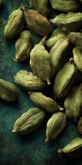 Green Cardamom Pods on Teal Textured Surface