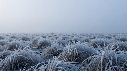 Frostcovered grass field in foggy winter landscape