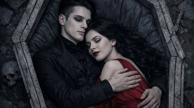 Sleeping vampire couple embracing in a gothic coffin