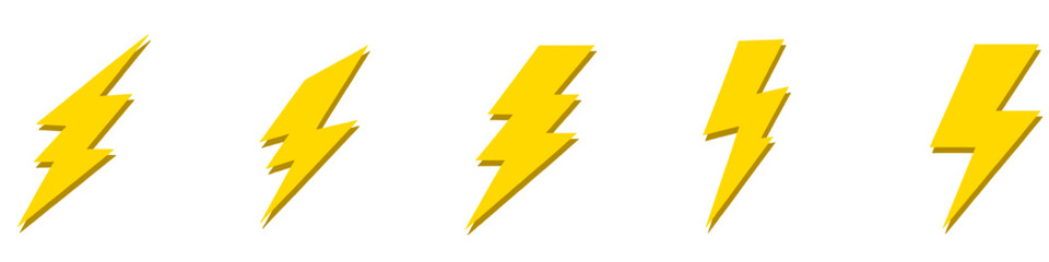 Set of bright yellow lightning bolt icons with bold geometric shapes and slight depth effect. Modern electric power symbols isolated on white background, ideal for energy concepts, electricity, speed.