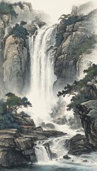 Majestic Waterfall in Rocky Mountain Landscape