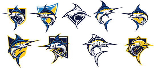 Marlin Fish Logo Vector Set with Dynamic Swordfish Emblems Esports Sports Mascot Illustration Collection © Sumon Creative