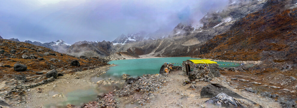 Panoramic mountain view with beautiful dudh kunda lake. 