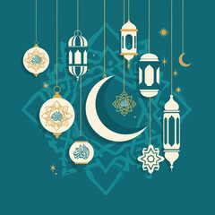 Islamic Lantern Decoration with Crescent Moon Night Background