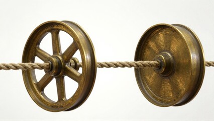 Obraz premium Brass pulleys with rope on white background