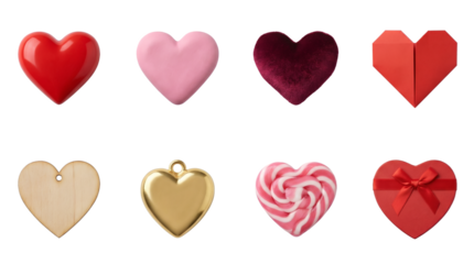 Heart shape collection including plastic, clay, velvet, origami, wood, gold, candy, and gift box variants isolated. Valentines day and love symbols set.