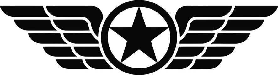 Obraz premium Black and white symbol featuring a prominent star centered within an oval and flanked by stylized wings