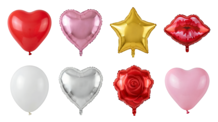 Valentine's Day balloon set including red hearts, pink foil, gold star, red lips, white latex, silver heart, and rose flower shapes isolated. Party and celebration decoration collection.
