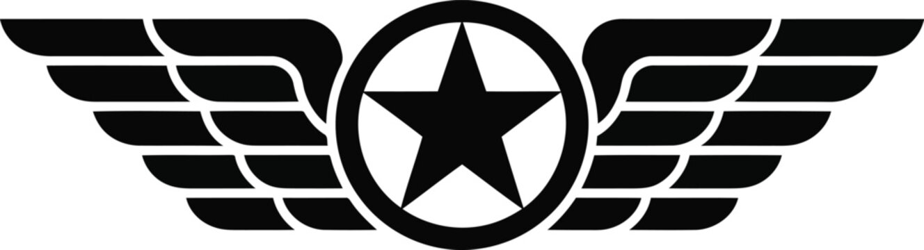 Black and white symbol featuring a prominent star centered within an oval and flanked by stylized wings