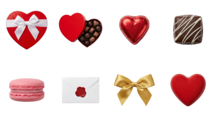 Valentine's Day gift set including heart chocolate boxes, wrapped candy, macaron, love letter, and gold ribbon bow isolated. Romantic celebration and anniversary elements.