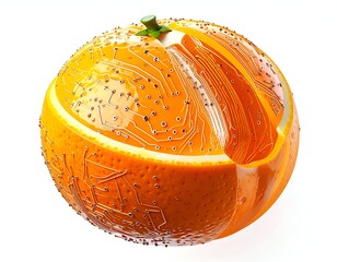 Hybrid orange with circuit board design, sliced to show inner workings