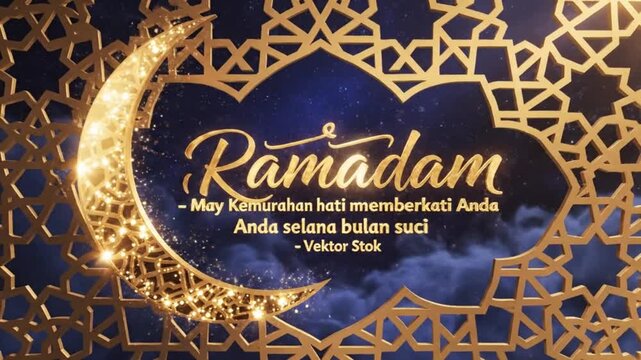 Ramadan graphic with gold lettering crescent moon and geometric frame against a dark starry background