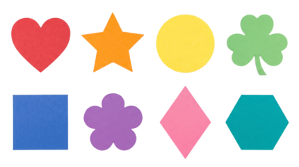 Colorful paper shape set including heart, star, circle, clover, square, flower, diamond, and hexagon isolated. Educational and decorative craft collection.