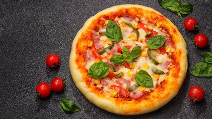 Delicious homemade Margherita pizza and ingredients