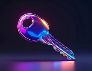 Glossy, neon-lit key floats in dark space, casting vibrant reflections