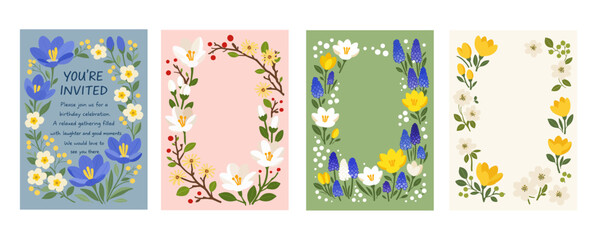 Naklejka premium クロッカスと季節の花(プリムラ、マンサク、節分草、ムスカリ)のフレームカードセット、Crocus and Seasonal Flowers Frame Card Set(Primrose, Witch Hazel, Setsubunsou, Muscari)