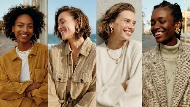 Row of fashionable young women stands against simple wall smiling and chatting showcasing modern street style confidence diversity and empowering female friendship energy