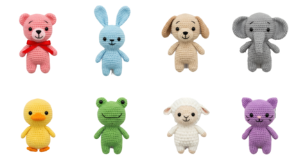 Crochet amigurumi animal set including bear, bunny, puppy, elephant, duckling, frog, lamb, and kitten isolated. Handmade yarn toy collection for children.