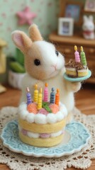 Needle Felted Bunny with Birthday Cake and Dessert