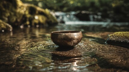 Singing Bowl on Rippling Stream in Forest
