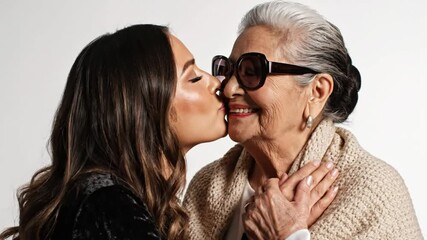 Affectionate Young Woman Kisses Grandmother's Cheek, Expressing Love and Cherishing Family Bond on a White Background