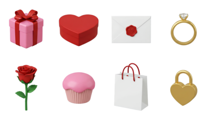 Valentine's Day romantic 3d icon set including gift box, heart, letter, ring, rose, cupcake, bag, and padlock isolated. Love and celebration collection.