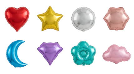 Mylar foil balloon set including heart, star, moon, diamond, cloud, and flower shapes isolated. Party decoration and celebration element collection.
