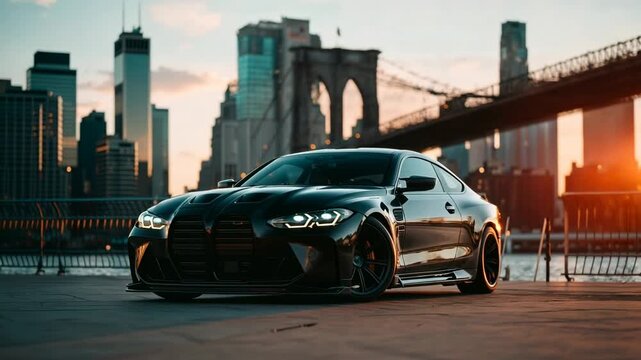 Aggressive sports car stares down the lens with city skyline and bridge behind&mdash;power, precision and status wrapped in cinematic sunset light for premium automotive storytelling.