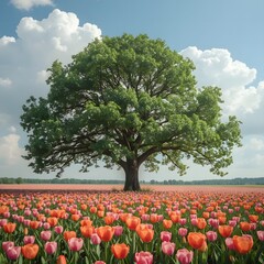 countryside scene with large tree colorful flowers and soft bokeh sky background
